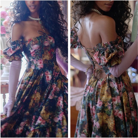 Selkie Dresses & Skirts - BEST NEW Selkie The Genevieve Foxglove Lace Up Midi Cotton Dress - Black Floral